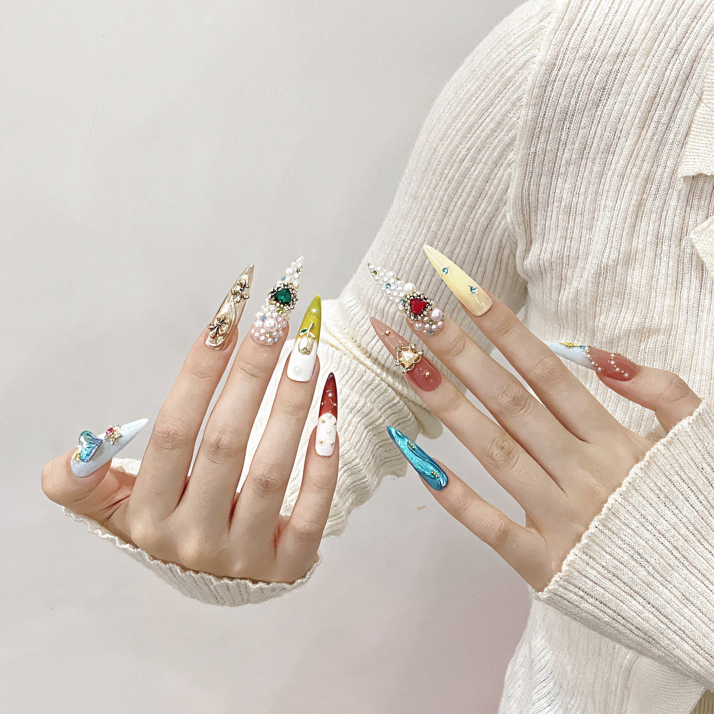 Jeweled Dream Casket - Long Stiletto Press-on Nails