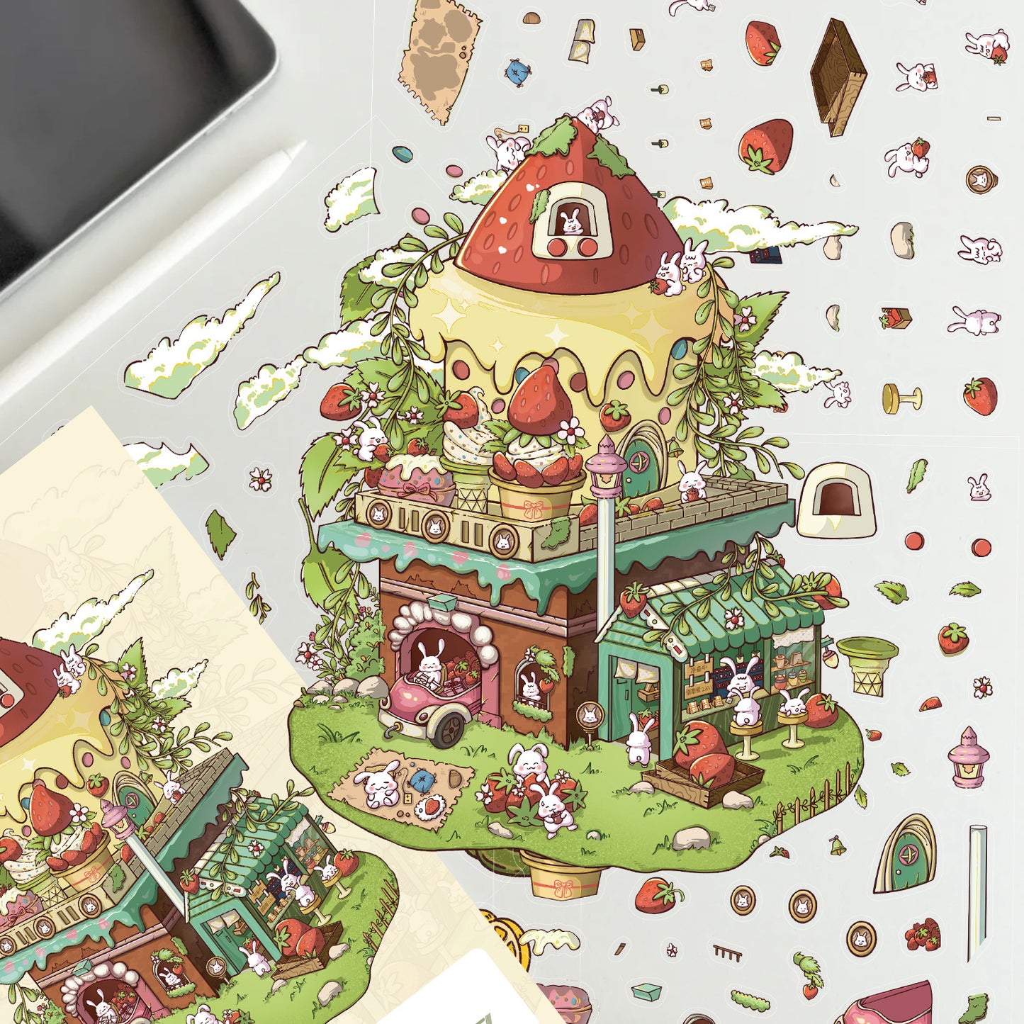 Strawberry little house-DIY 3D Scene Sticker