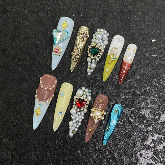 Jeweled Dream Casket - Long Stiletto Press-on Nails